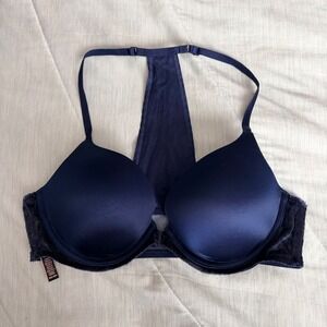 Victorias Secret Push Up Bra 36B Navy Blue Rhinestone Studded Back